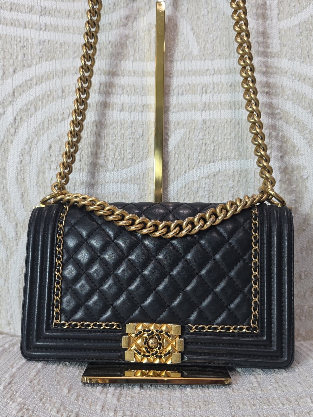 Quilted Chanel Boy  Black Leather Shoulder Bag with Gold Chain Special Design